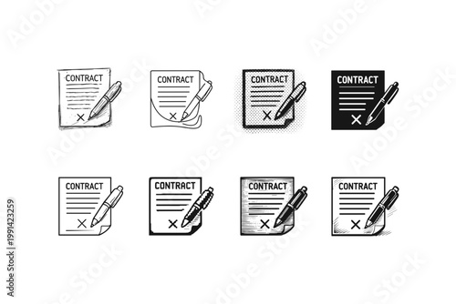 Collection of hand-drawn contract signing icons with different artistic styles