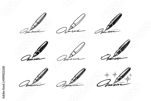 Collection of hand-drawn pens signing different signatures and flourishes