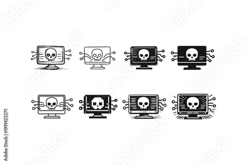 Collection of computer icons featuring skull and crossbones for cyber security threats