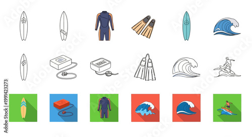 Surf and Diving Equipment Icons Set