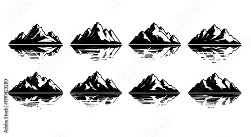 Mountains black silhouette set with snow-capped peaks and reflections on water surface featuring mountain, reflection, lake with river and landscape