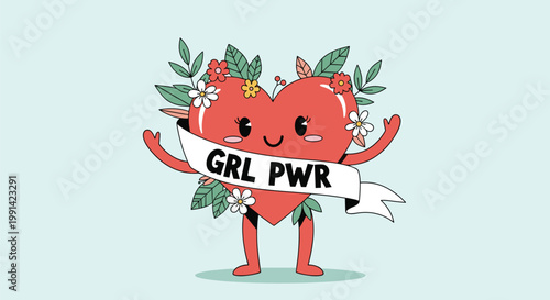 cute heart character with a friendly face surrounded by flowers and leaves holding a banner that says girl power.