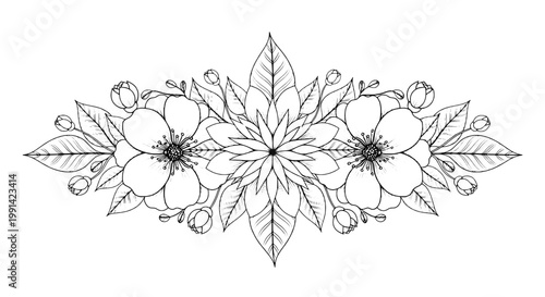 Flowers intricate line art with detailed petals and leaves featuring floral, drawing, sketch with black and white and botanical elements for nature,