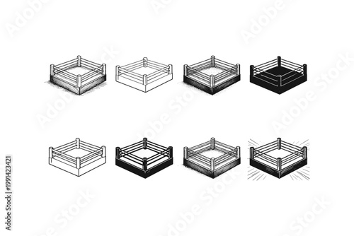 Collection of boxing ring illustrations in various styles and shading techniques