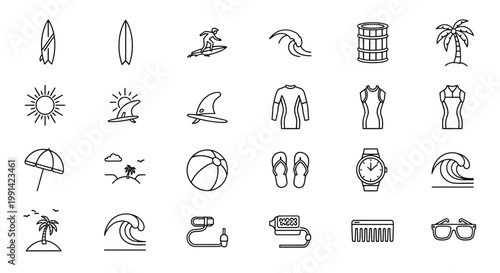 Set of beach and surf icons in outline style.