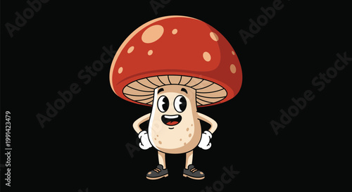 friendly red and white mushroom character with a happy face and arms on hips standing outdoors on a black background.