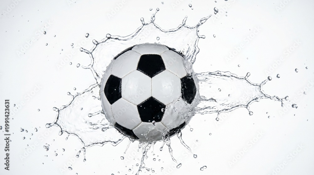 Naklejka premium Dynamic Splash: Capturing the moment a soccer ball bursts through water, showcasing the beauty of movement and sport.