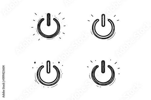 Collection of hand-drawn power button icons with radiating light effects