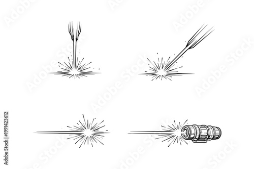 Collection of stylized laser beam effects and a laser gun illustration