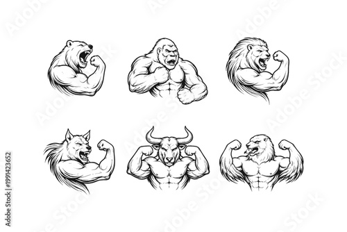 Collection of anthropomorphic animals flexing muscles, symbolizing strength and power