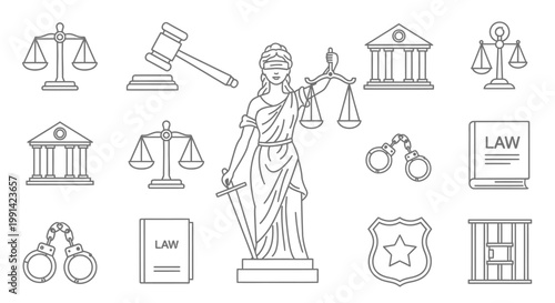 Law and Justice Line Icons Set - Legal System Vector Symbols