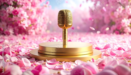 A golden microphone sits on a podium within a landscape of pink blossoms and falling petals. The setting is bright and sunny