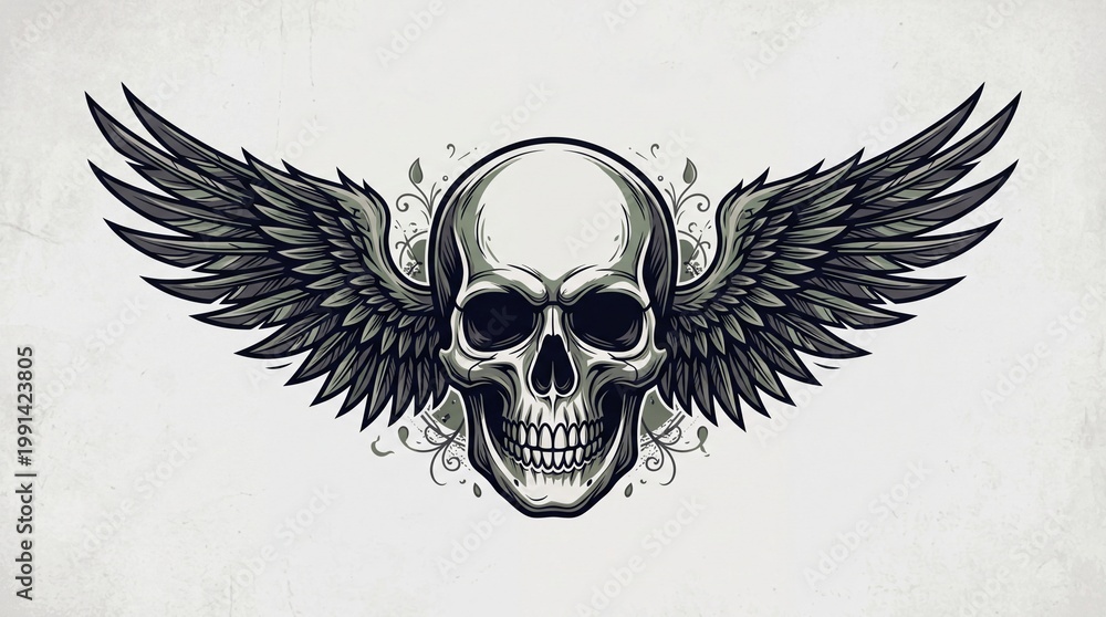 Fototapeta premium A detailed pixel art illustration of a dark skull with wide feathered wings spread out symmetrically