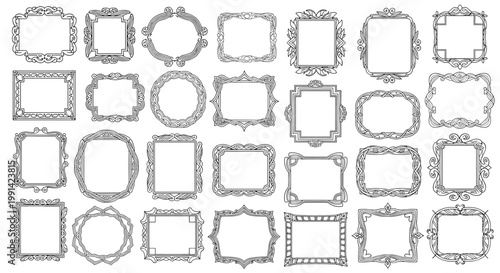Large collection of diverse decorative black and white frames with intricate vintage and modern border designs for graphic projects.