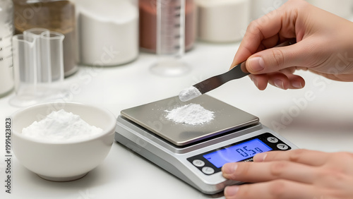 A close up of a hand weighing white powder on a digital scale.
