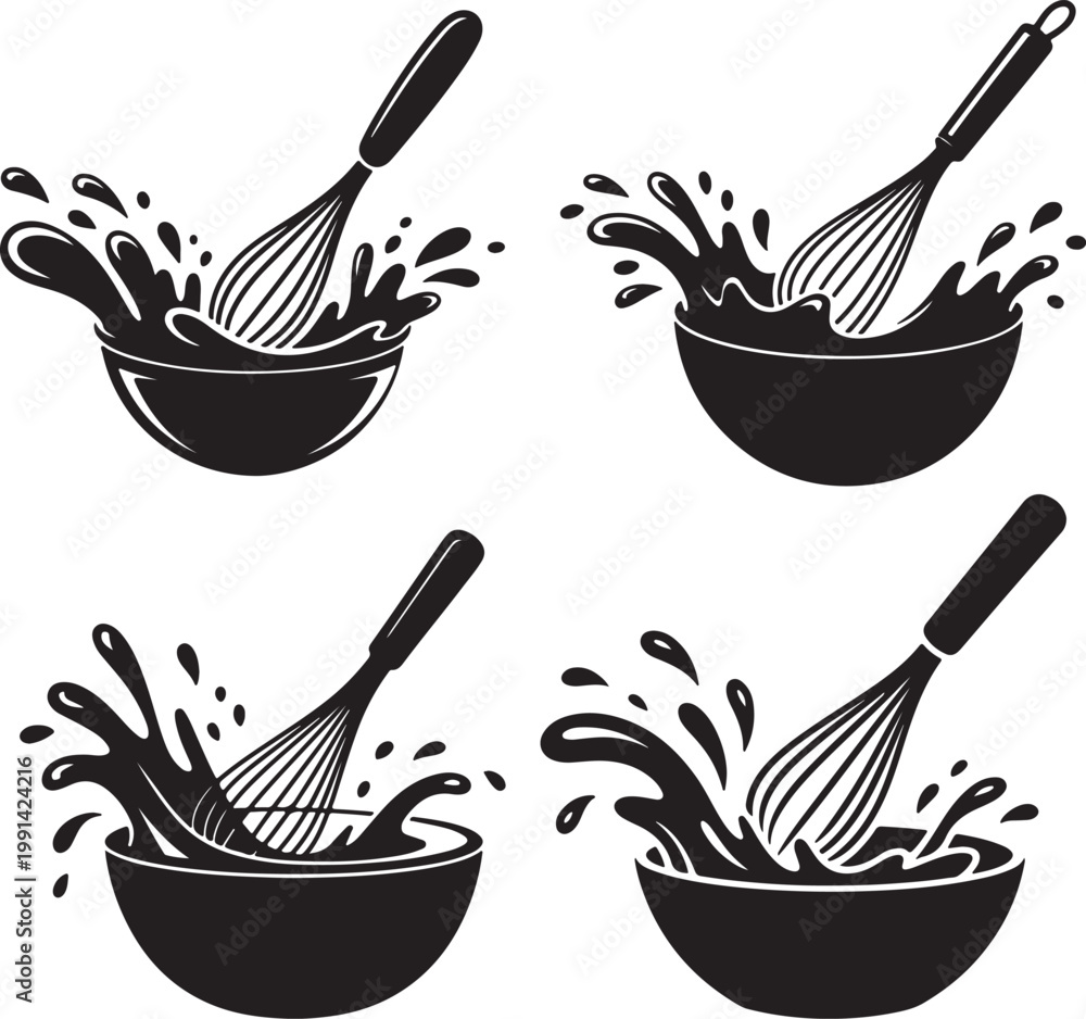 Εκτύπωση καμβά Set of Whisk Mixing Ingredients in Bowl Silhouette with Liquid Splash – Cooking