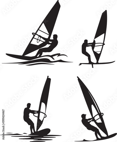 Windsurfing Silhouettes Set – Water Sports Action Poses with Sailboard black and white silhouette, vector and illustration	