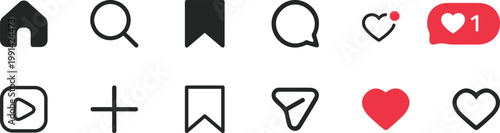 Instagram style social media icons set with like, comment, share, repost, save and notification symbols including red heart speech bubble UI elements