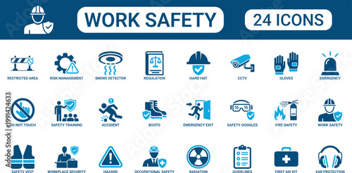 Work Safety Solid Icon Set Featuring Hard Hat First Aid Kit Risk Management CCTV Hazard Regulation Training Emergency Exit Workplace Security and Protective Equipment Vector Icons