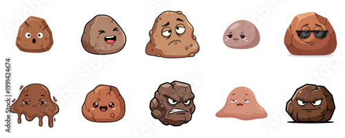 Cartoon Mud Icon Set Cute Dirt And Stone Mascot Characters Flat Vector Illustration Pack