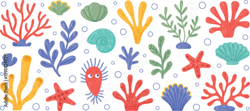 Set of coral and seaweed, hand drawn aquarium plants, underwater ocean flora, seashell, algae, and starfish, vector illustration of marine plants and seabed animals in flat cartoon style