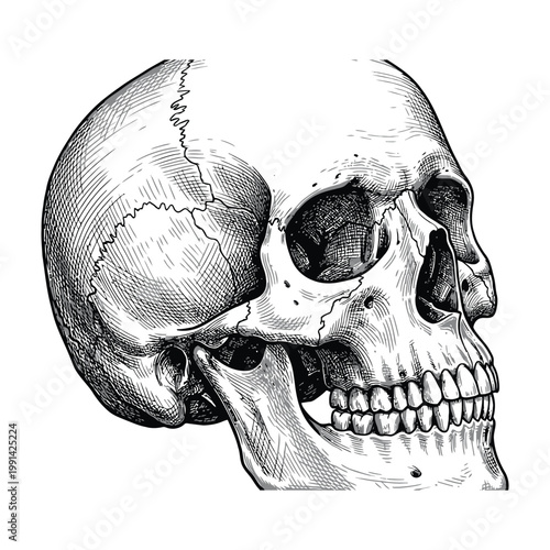 Human skull with jawbone and teeth on white background