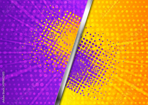 Abstract violet and orange versus background with silver metallic divider, halftone dot patterns, and grunge texture. Vector design for sports, gaming, and competitive battle themes