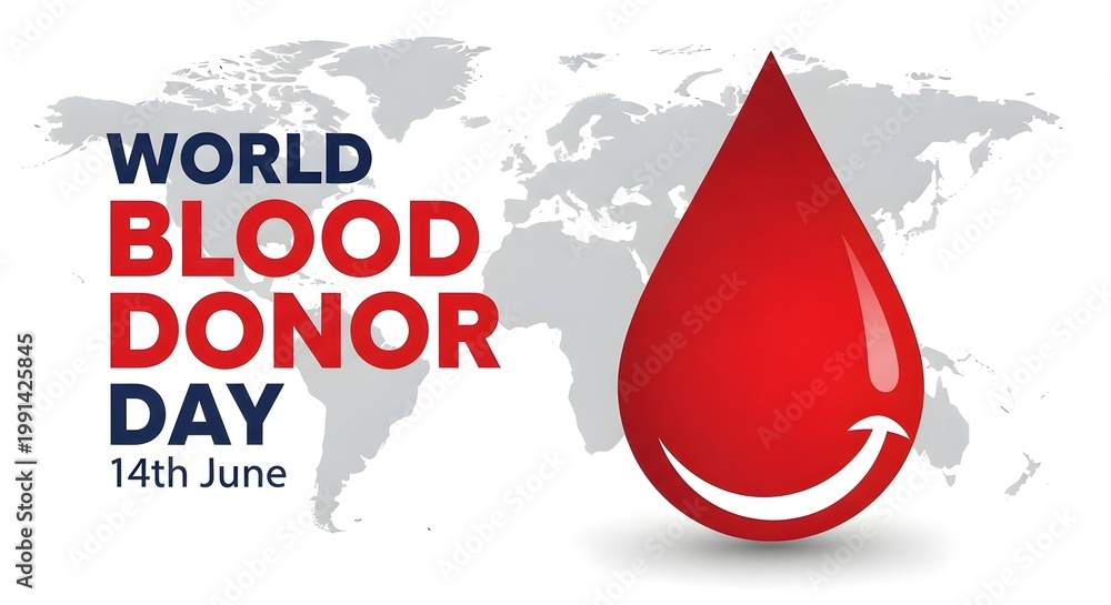 Fototapeta premium World blood donor day poster with world map and smiling blood drop