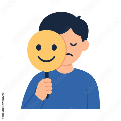 Man Hiding Sadness Behind Happy Mask, Mental Health Concept, Emotional Duality