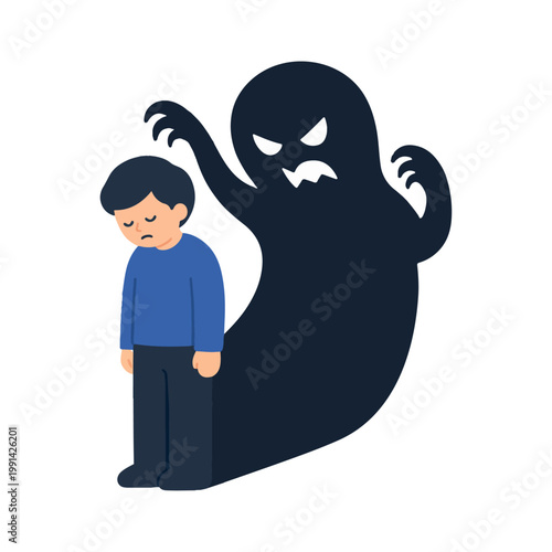 Scared Boy Facing Dark Shadow Ghost Monster Symbolizing Fear and Anxiety