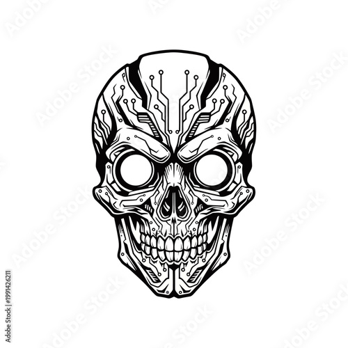 A detailed black and white illustration of a cybernetic skull with intricate circuit board patterns on its cranium and facial structure, depicting a fusion of biology and technology.