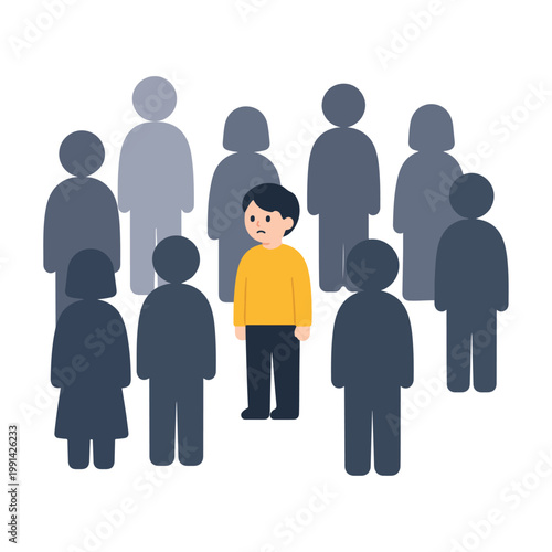 Sad Boy Standing Alone Among Silhouettes of People, Feeling Isolated and Different