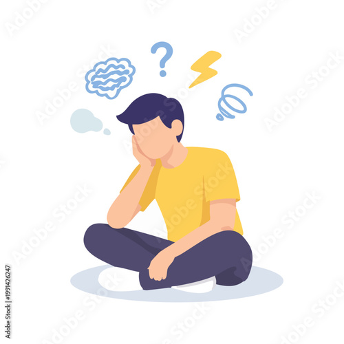 Man Sitting Cross-legged with Confused Thoughts and Question Marks Above Head
