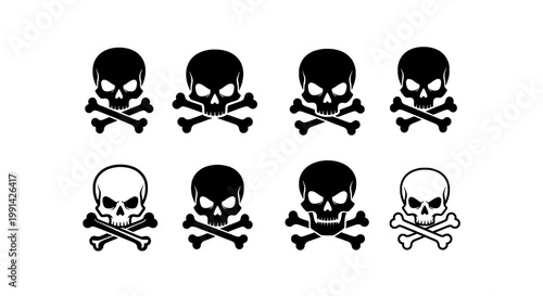Skulls crossed bones set with various styles and colors featuring skull, black, white with outline and vector elements for icon, symbol projects,