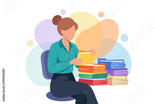 Professional woman organizing job application files and folders