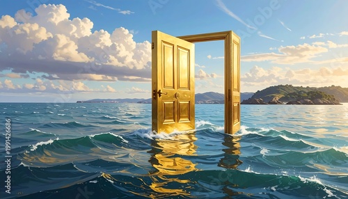 A golden, open doorway floats on water, contrasting with the sky and an island in the background. The scene suggests possibility