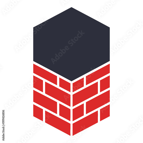Isometric red brick wall with dark gray roof corner perspective icon