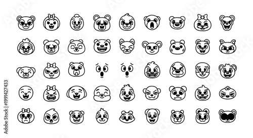 Faces cartoon bear set with line drawn emoticons and expressions, black and white icons. featuring cute, illustration, vector with graphic and