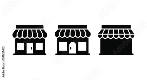 Three identical storefronts with awnings are depicted in a dark silhouette