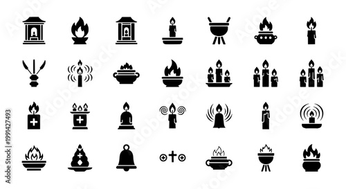 Candles icon set with flame, fire, and burning elements in black silhouette featuring icons, illustration, vector with graphic and fireplace elements