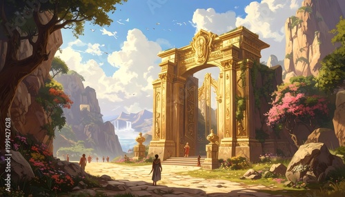 A golden, ornate archway stands in a valley landscape. Figures stroll toward it, framed by mountains, trees, and water