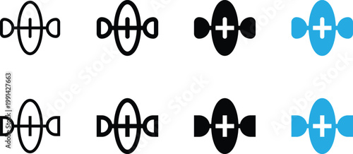 Set of medical icons with a cross symbol inside an oval shape and side elements