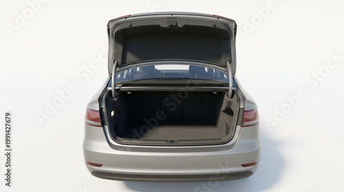 Silver car with open trunk space.