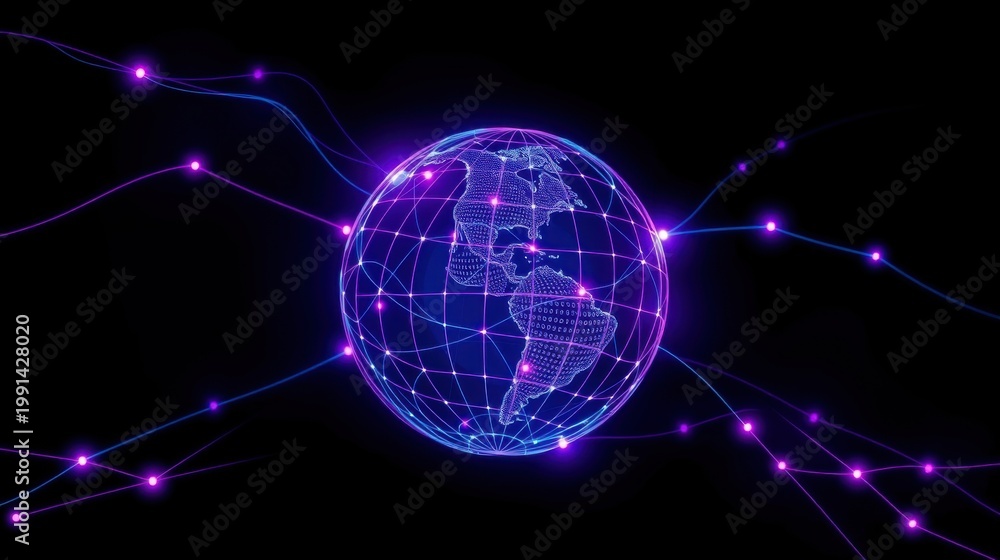 Naklejka premium Glowing globe connected via network lines. Digital world representation, futuristic design, dark background. Communication concept.
