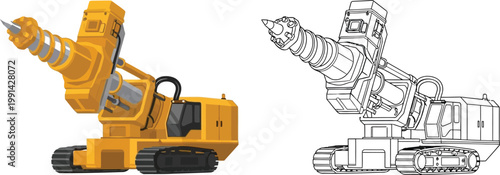 Yellow drilling rig machine construction equipment illustration with blueprint outline isolated on white background for industrial projects