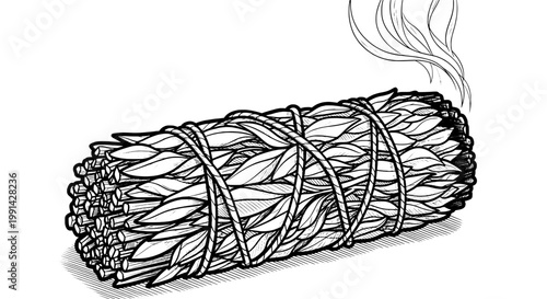 Sage smudging bundle with dried white sage leaves tied with string and smoke rising featuring herbs, medicinal herbs, aromatic herbs with spiritual