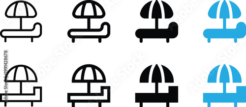 Set of beach chair with umbrella icons, sunbed for summer vacation, vector illustration