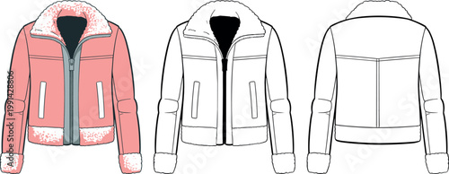 Women shearling jacket set with zip closure and plush collar, front and back views, winter fashion template – vector illustration