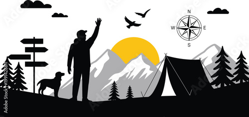 Silhouette of hiker reaching mountain peak with flag against sunlight, vector illustration symbolizing achievement, success, and perseverance, ideal for motivational posters, adventure branding