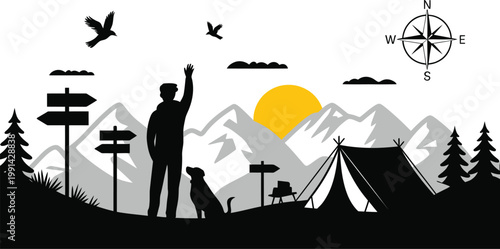 Silhouette of hiker reaching mountain peak with flag against sunlight, vector illustration symbolizing achievement, success, and perseverance, ideal for motivational posters, adventure branding